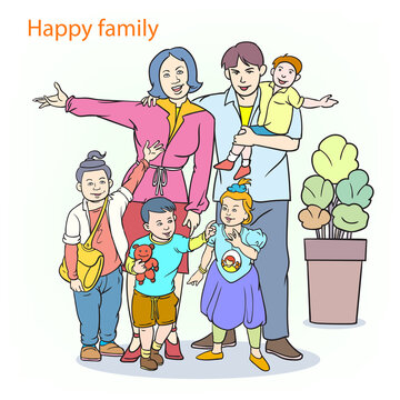 The family is happy, the parents have a daughter and three sons.hand drawn style vector design illustrations.Image separated from white background