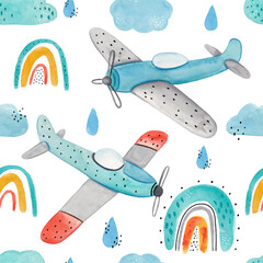 Watercolor cute hand-drawn seamless children simple pattern with aircraft, rainbows, clouds and drops on a white background. Kids seamless pattern with planes. Funny airplanes. Trendy background. © ZHUKO