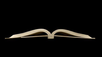 Old open encyclopedia book isolated on black background