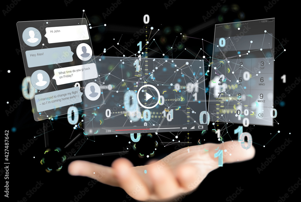 Poster virtual develop interface web application in hand
