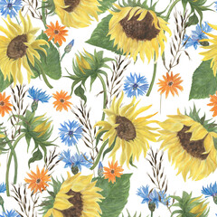 Sunflowers summer seamless pattern painting with watercolor
