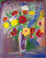 Bouquet of flowers in a vase. Acrylic painting