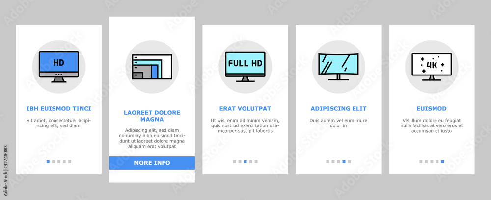 Poster computer pc monitor onboarding mobile app page screen vector. full hd and 4k resolution, oled, ips a