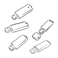 USB flash drive. Isolated object on a white background. Vector cartoon illustration. Hand-drawn style.