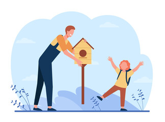 Father and son putting birdhouse outside. Adult and child sharing carpentry hobby, caring about birds flat vector illustration. Ecology, hobby concept for banner, website design or landing web page
