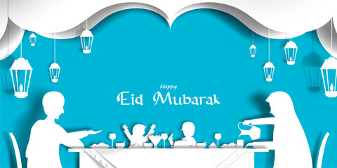 Eid Mubarak greeting Card Illustration with paper cut style. Ramadan kareem with paper art style