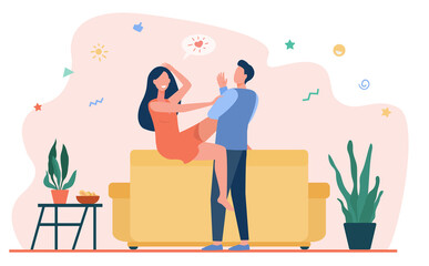 Happy couple chatting and flirting in living room. Woman on sofa flirting with boyfriend flat vector illustration. Relationship, love, romance concept for banner, website design or landing web page