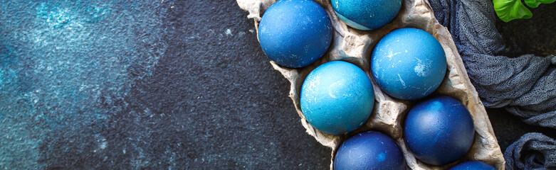 easter eggs painted blue treat festive table rustic meal top view copy space for text food background 