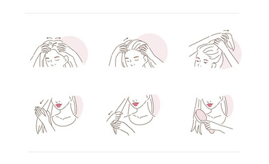 Beauty Girl Take Care of her Damaged Hair and Applying Treatment Serum on Hair Roots and Tips. Woman Making Haircare Procedures.  Flat Line Vector Illustration and Icons set.