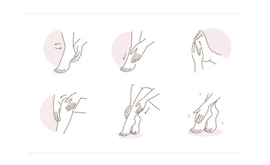 Beauty Girl Take Care of her Knees, Legs, Feet and Heels Skin and Applying Moisturizing Cream. Skin Care and Pedicure Concept. Flat Line Vector Illustration and Icons set.