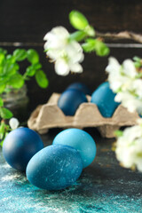 easter eggs painted blue treat festive table rustic meal top view copy space for text food background 