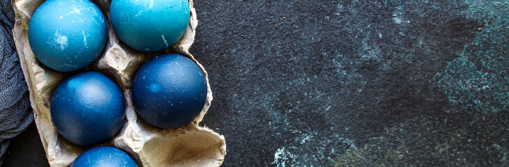 easter eggs painted blue treat festive table rustic meal top view copy space for text food background 
