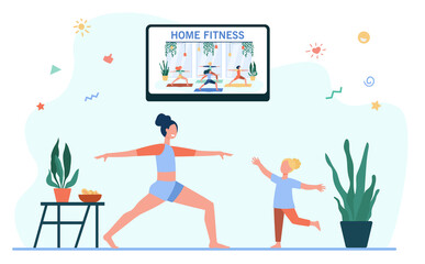 Mother and daughter following fitness program on TV. Woman and girl doing exercises at home flat vector illustration. Home fitness, workout concept for banner, website design or landing web page