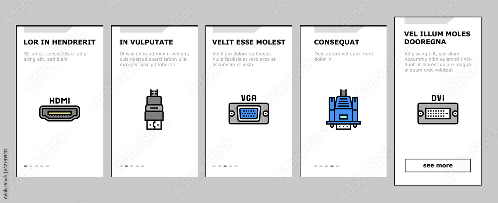Poster computer pc monitor onboarding mobile app page screen vector. full hd and 4k resolution, oled, ips a