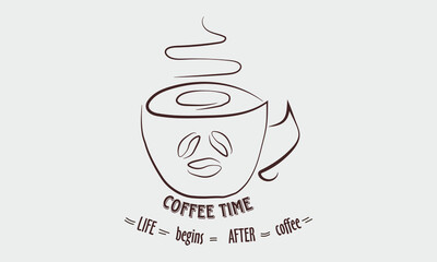 Coffee time. Life begins after coffee. A cup of coffee with an inscription for the design of the menu, cafe, shop, etc. Modern calligraphy style quote