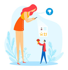 Rating quality, success like, pick up, support icon, girl online, experience satisfaction, cartoon style vector illustration.