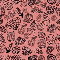 seashells seamless pattern. Cute background for printing on fabric, paper, wallpaper, packaging. Summer products. Vector illustration, doodle