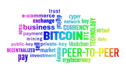 Illustration of a keyword cloud with colorful text - bitcoin