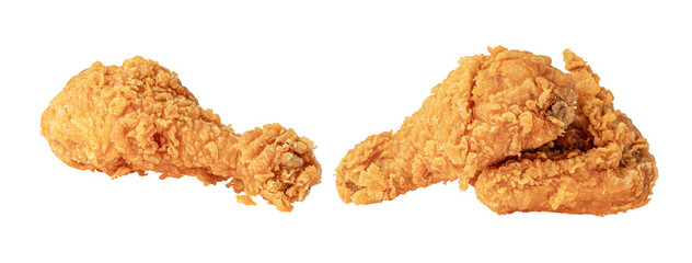 Fried chicken leg drumstick and wing  isolated on white background.