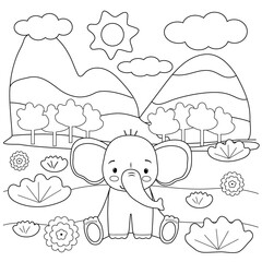 Kids coloring book with cute elephant, trees and flowers. Simple shapes, contour for small children. Cartoon vector illustration