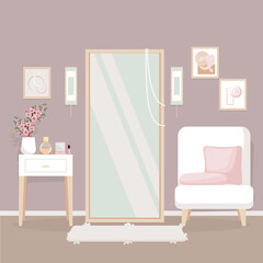 Elegant room interior with large floor mirror, armchair, pillows, dressing table, vase of flowers, paintings and carpet. Vector illustration in flat style