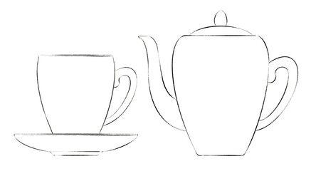 Digitally drawn coloring page with illustrations of vintage tea cup and a tea or coffee pot on white background for graphic or web design