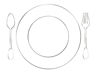Digitally drawn coloring page with illustrations of vintage plate, spoon and fork on white background for graphic or web design