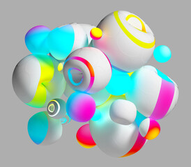 3d render of abstract art composition with flying surreal balls donuts or balloons in round soft forms in white matte plastic with glowing parts on surface in blue purple and yellow gradient color