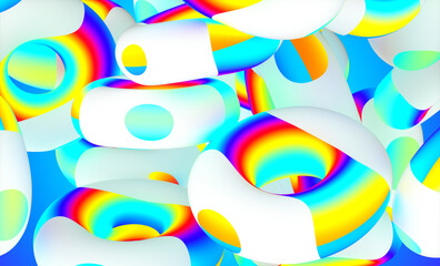 3d render of abstract art of surreal 3d background with festive party rings donuts or torus in soft round shapes in matte white plastic material with stripes in rainbow gradient color on blue back