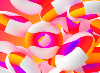 3d render of abstract art of surreal 3d background with festive party rings donuts or torus in soft round shapes in matte white plastic material with stripes in bright pink and orange gradient color