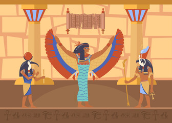 Obraz premium Egyptian winged goddess Maat surrounded by Horus and Thoth deities. Cartoon vector illustration. Egyptian gods in ancient temple interior, symbols, hieroglyphics. Ancient Egypt, history, art concept