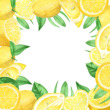 Watercolor Lemon yellow.Watercolor illustration frame, border, postcard.Juicy, yellow lemon.Summer fruit. border, postcard.