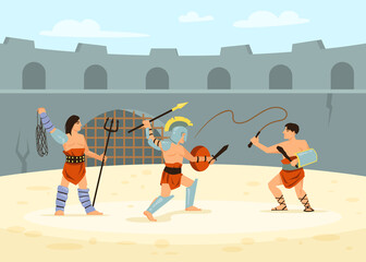 Roman soldiers defeating each other in battle on arena. Cartoon vector illustration. Gladiator fight in Colosseum battlefield of ancient Rome or Greece. Ancient history, culture, battle concept
