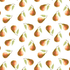seamless pattern with yellow pears on white background, pear fruits with green leaves illustration watercolor hand painted	
