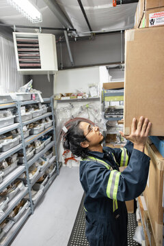 Technician Moving Box In Storeroom