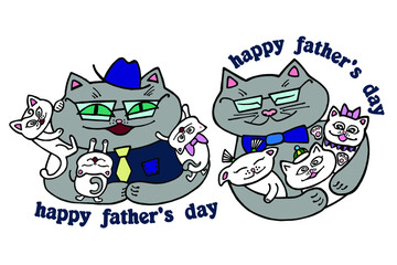 Cartoon illustration on the theme of Happy Father's Day. Gray cat and white kittens on a white background.