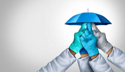 Medical team protection disease prevention as a group of doctors and health care workers holding an umbrella for hospital teamwork to prevent disease as united diverse health care professionals