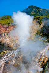 Steam and hot water jets in the Valley of Geysers, Kamchatka. 