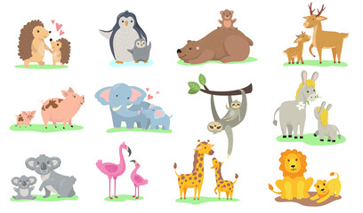 Bright little animals with their moms flat pictures collection. Cartoon cute penguin, elephant, giraffe with parent isolated vector illustrations. Family and wild animals concept