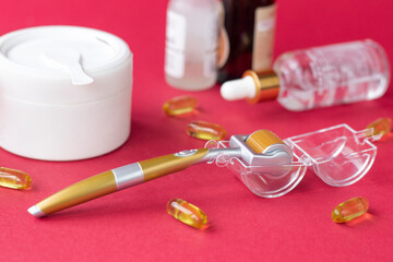 Dermaroller needle with serum in glass bottle. Anti wrinkle skin care. Derma roller and serum...