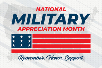 Fototapeta na wymiar National Military Appreciation Month in May. Celebrated every May and is a declaration that encourages U.S. citizens to observe the month in a symbol of unity. Social media banner design. 