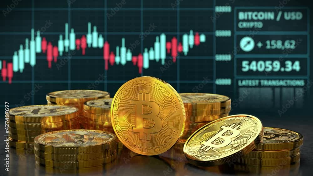 Aufkleber video animation of many golden bitcoins on a background with a trading chart. physical bitcoin - dig