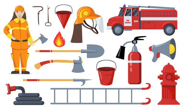 Firefighter and firefighting equipment flat pictures collection. Cartoon fireman, ladder, hose, shovel, loudspeaker, hydrant isolated vector illustrations. Emergency department and rescue concept