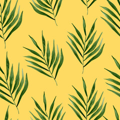 Palm branches on sand watercolor seamless pattern. Template for decorating designs and illustrations.