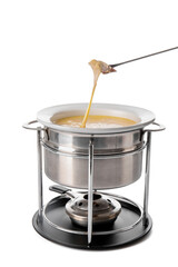 Stick with crouton dipped into cheese fondue on white background