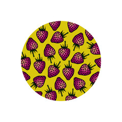 Strawberry logo in a yellow circle. Strawberries on a yellow background.