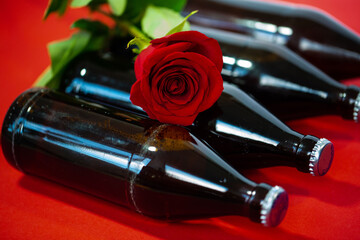 Father's Day, beer bottles with heart, rose, Father's Day postcard