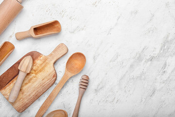 Set of kitchen utensils on light background