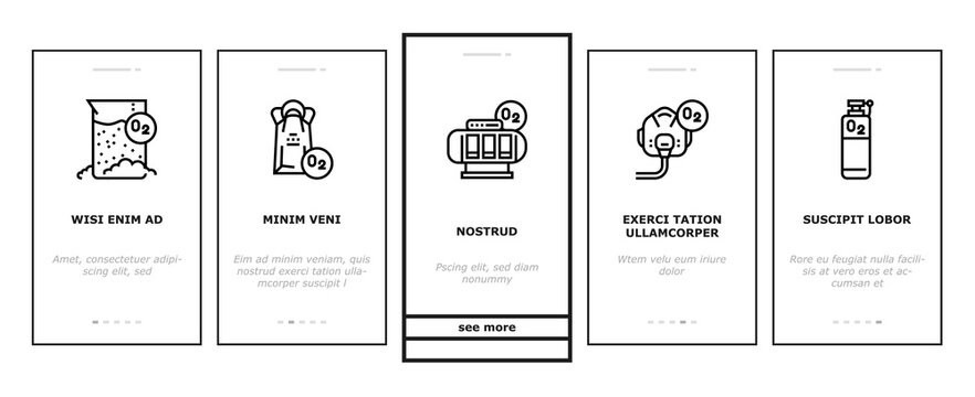 Oxygen O2 Chemical Onboarding Mobile App Page Screen Vector. Diatomic Molecule And Oxygen Bubbles, Blood And Water, Facial Mask And Medical Equipment Illustrations