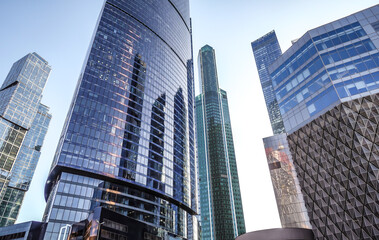 Modern skyscrapers of glass business center in Moscow. Low angle image.